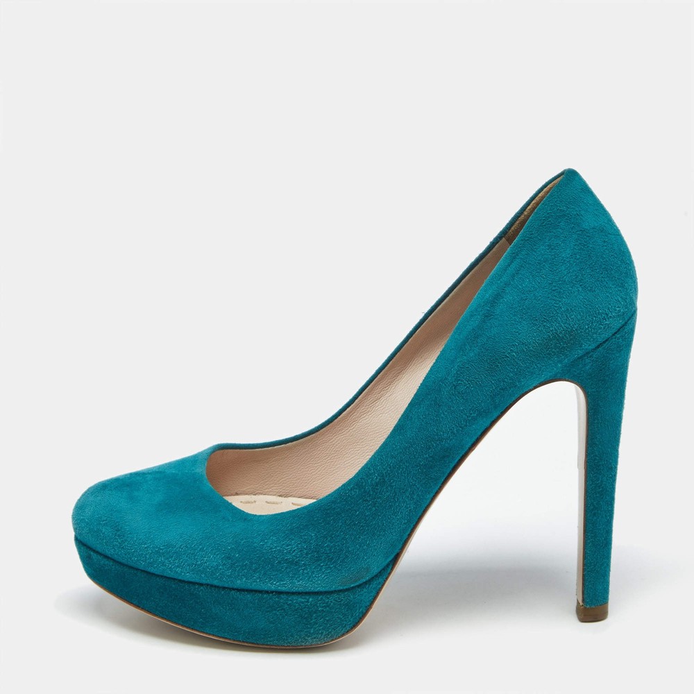 Miu Miu Turquoise Blue Suede Rounded Toe Platform Pumps Size 38