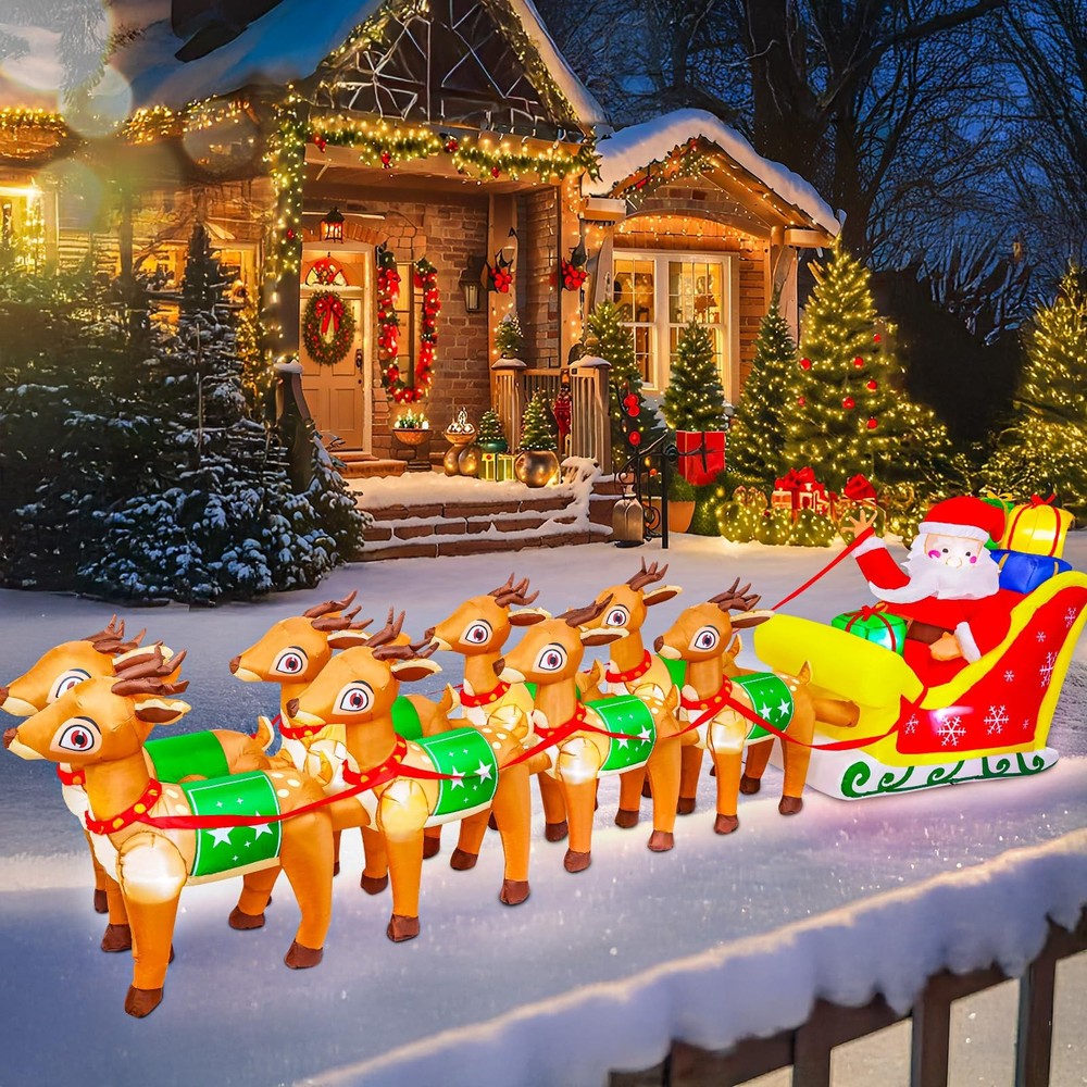 12FT Christmas Inflatables Santa Claus and Reindeer NEW LED Outdoor Decoration