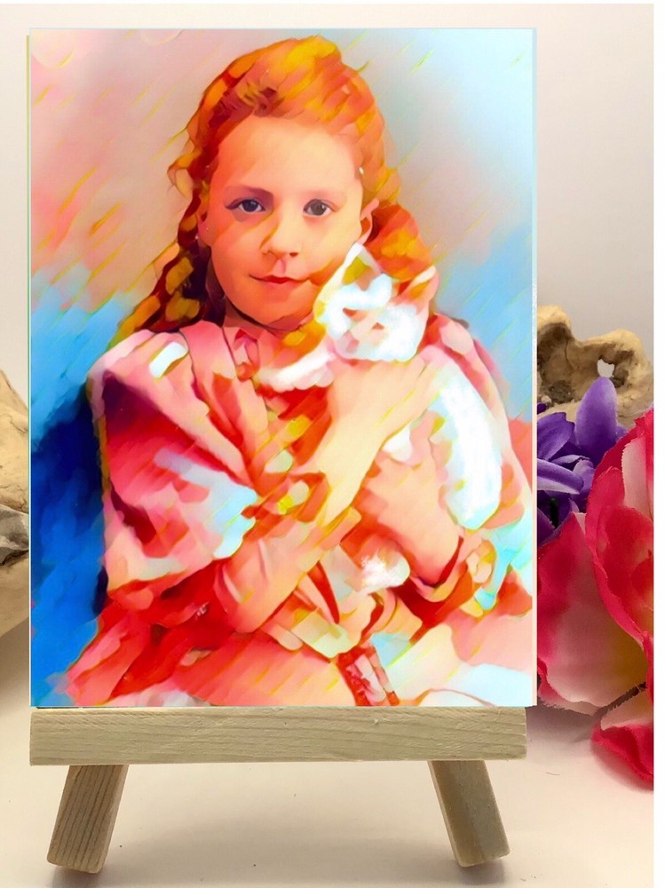Miniature  Painting 2.5x3.5 Portrait Girl With Cat Pet Signed +MINI WOOD EASEL