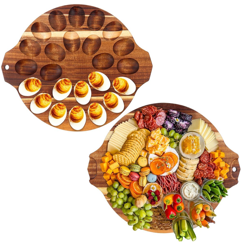 13 Inch Acacia Wood Deviled Egg Tray with Handles – 24 Holes Serving Platter-image