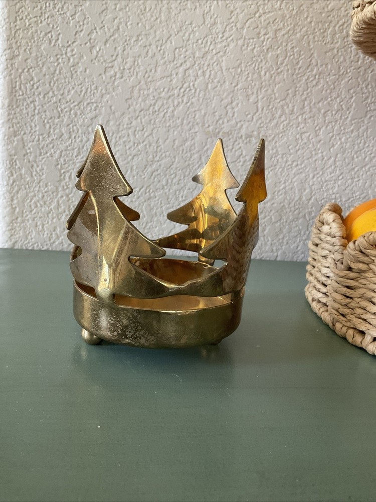 VTG Candle Holder  Brass Pine Trees Christmas