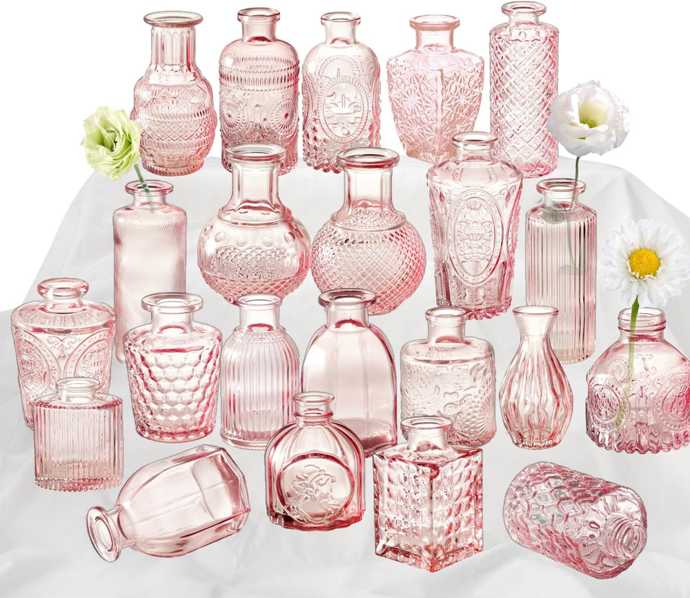 Pink Glass Bud Vase Set of 22, Small Vases for Flowers, Clear Glass Vases for Ce