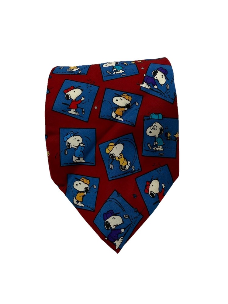 Peanuts Mens Tie 100% Silk Necktie Red Blue Snoopy Golf