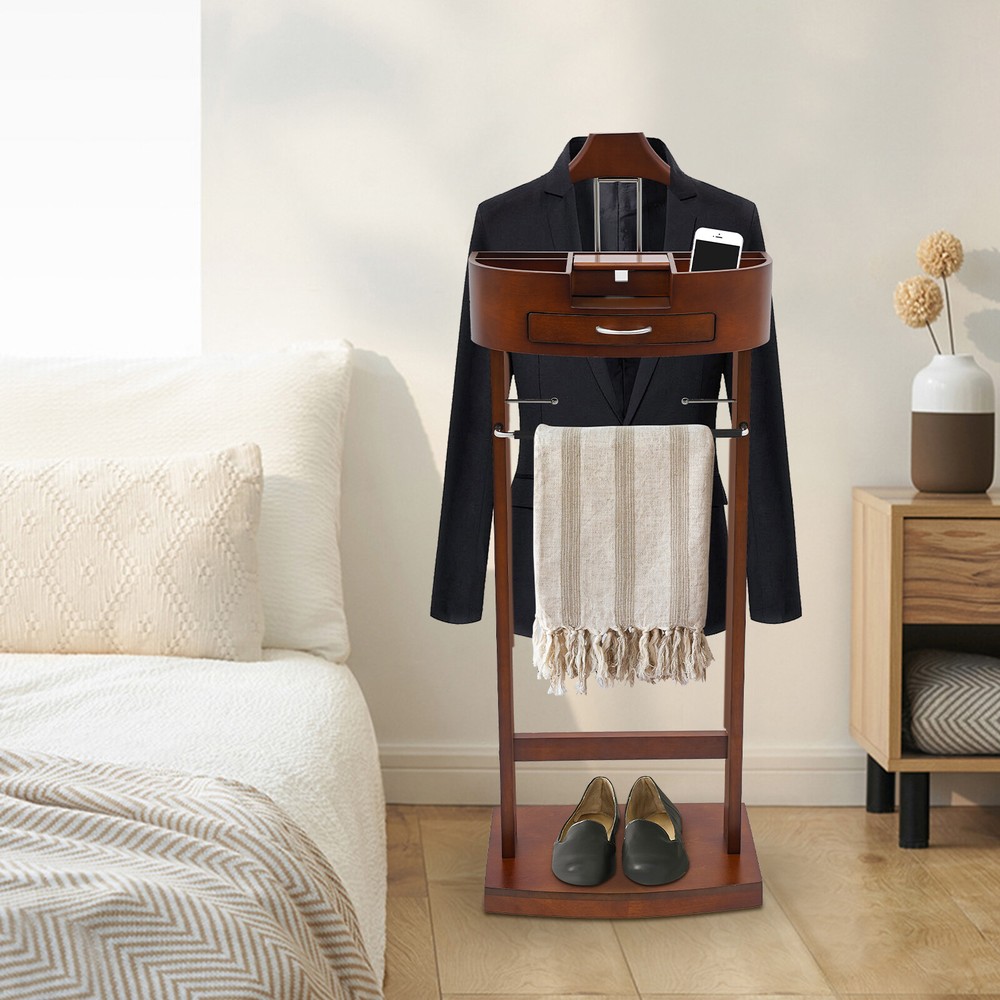 Freestanding Wood Suit Rack Clothing Valet Stand for Wardrobe