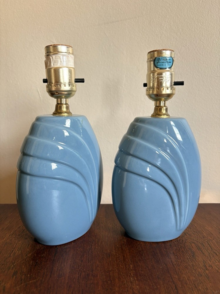 Vintage 80s Art Deco Table Lamps Pair Porcelain Blue Bedside Lamps Set of 2