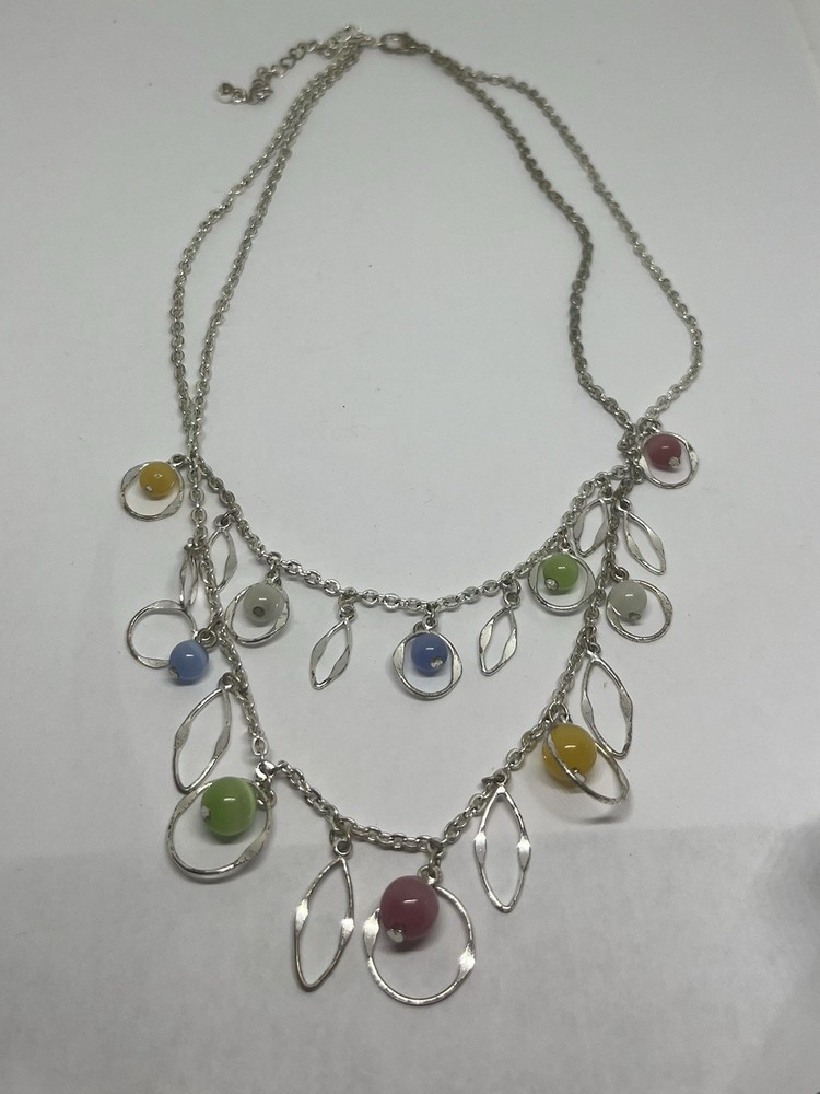 Vintage Silvertone Two Strand Dangling Geo Silvertone Multicolor Bead Necklace