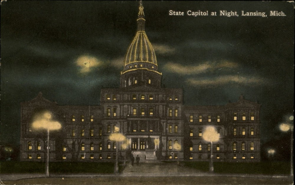 State Capitol Lansing Michigan vintage night view postcard a483
