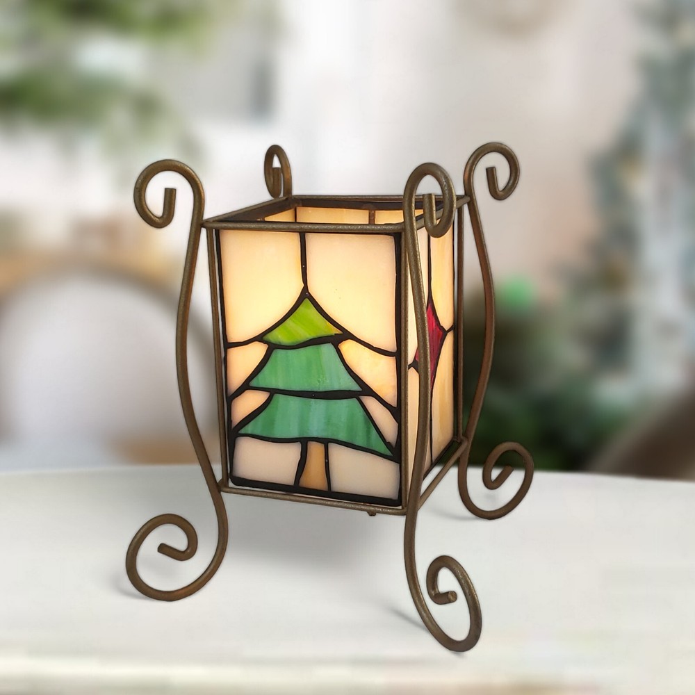 ALSY Christmas 4 Sided Stained Glass Accent Lamp Gold Tone Scrolled Iron Base-image