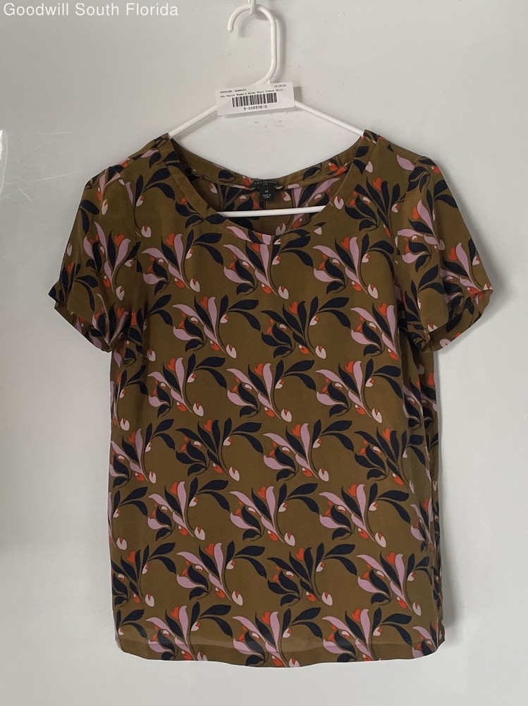 Ann Taylor Womens Brown Floral Print Silk Short Sleeve Blouse Top Size XS