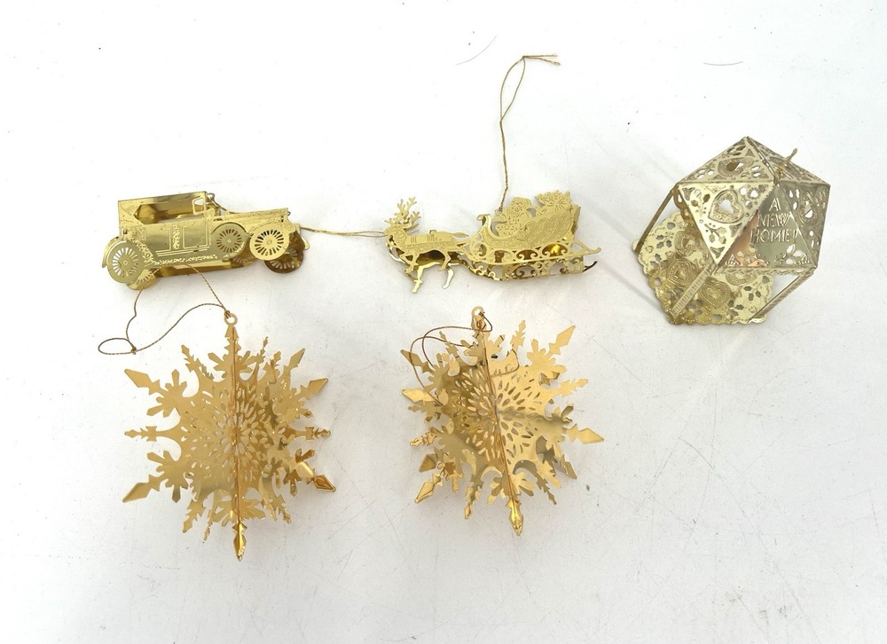 Lot of 5 - Vintage Gold Tone Brass Die-Cut Christmas Tree Ornaments