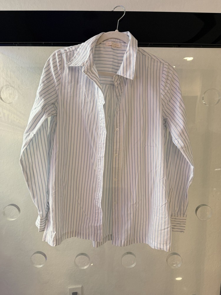 G Collection Blue White Striped Button-Up Collared Long Sleeve Blouse Women's S