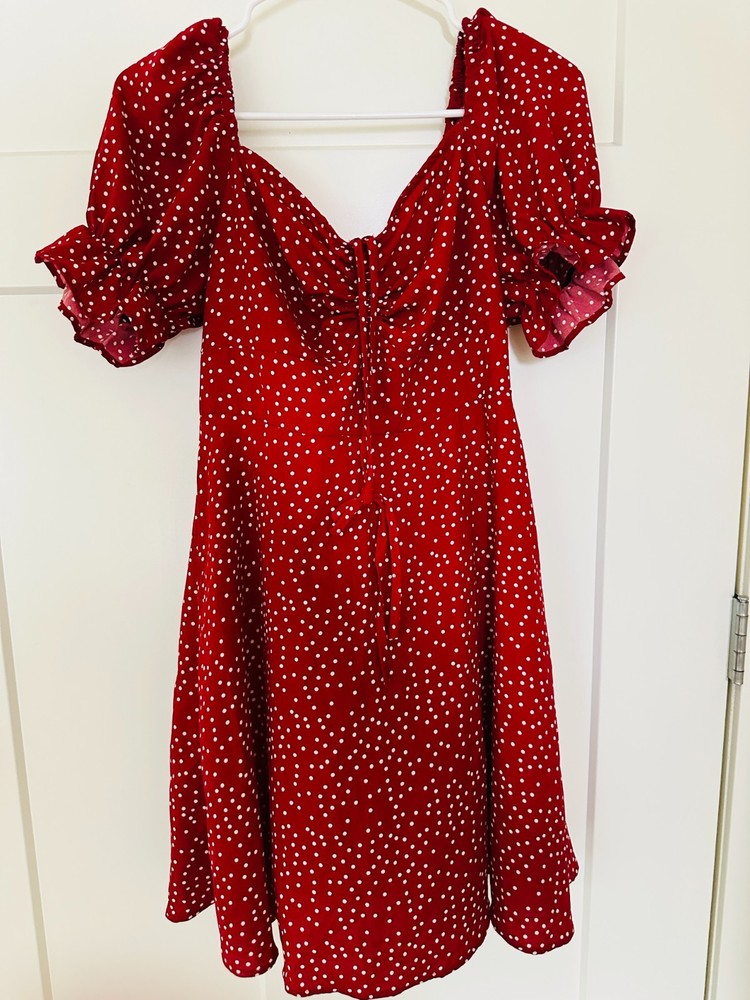 SHEIN Vacay Red Polka Dot Puff Sleeve Dress Women’s Size L EU 40/42, US 8/10 NWT