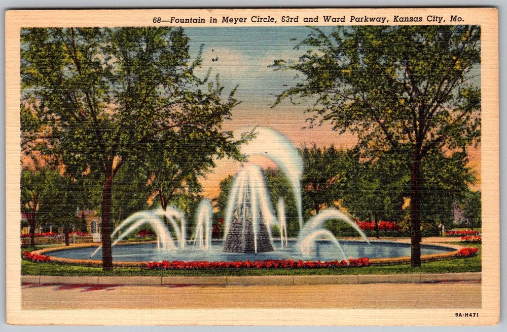 Vtg Linen Postcard Meyer Circle Fountain Kansas City, MO 1930s