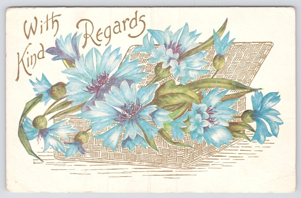 Greetings~With Kind Regards~Corn Flowers in Basket~c1910 Postcard