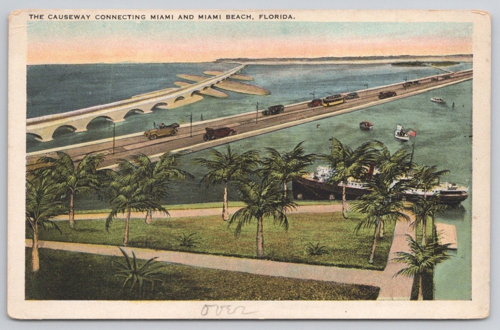Vintage Causeway Miami Beach Florida Postcard Tichnor Quality Views 1910s