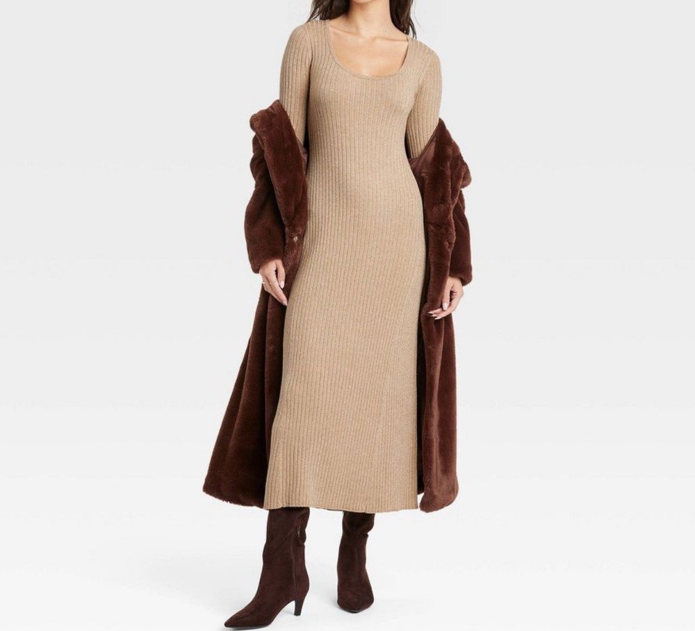 A New Day Women's Long Sleeve Maxi Sweater Dress Tan Ribbed Knit Dress NWOT M