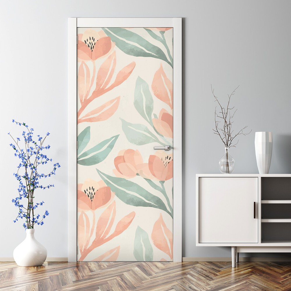 Peach Green Flowers Bubble Free Light Floral Illustration Wallpaper Door Decal