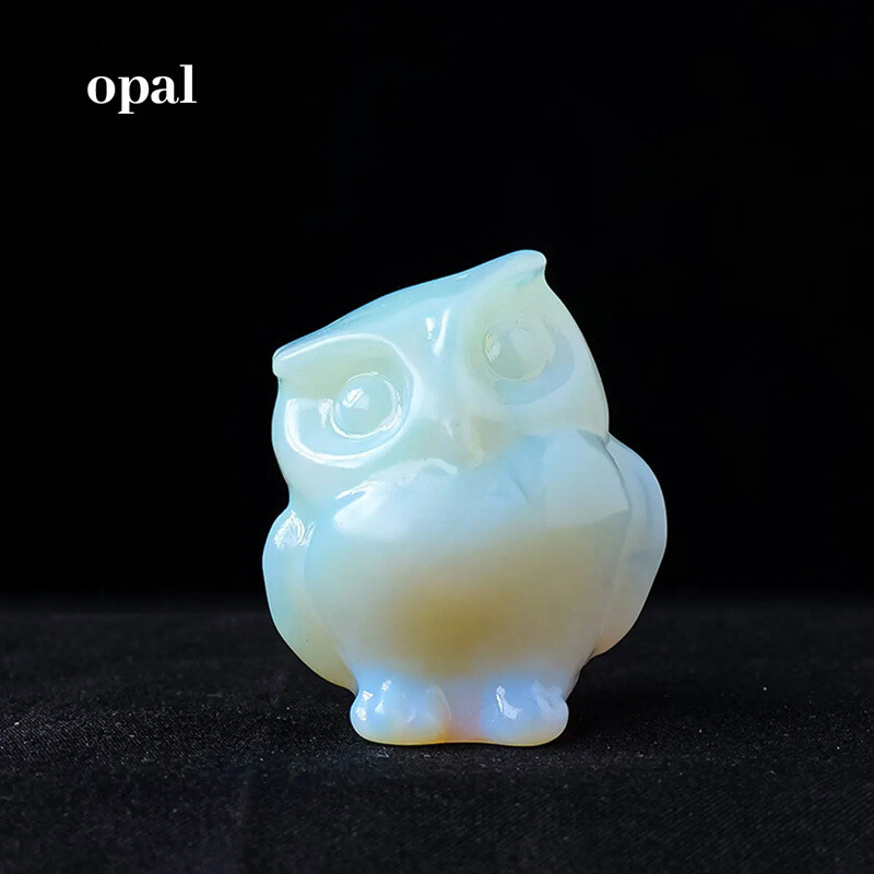 Natural White Opal Quartz Crystal Carved Owl Healing Stone Eagle Mascot Figurine