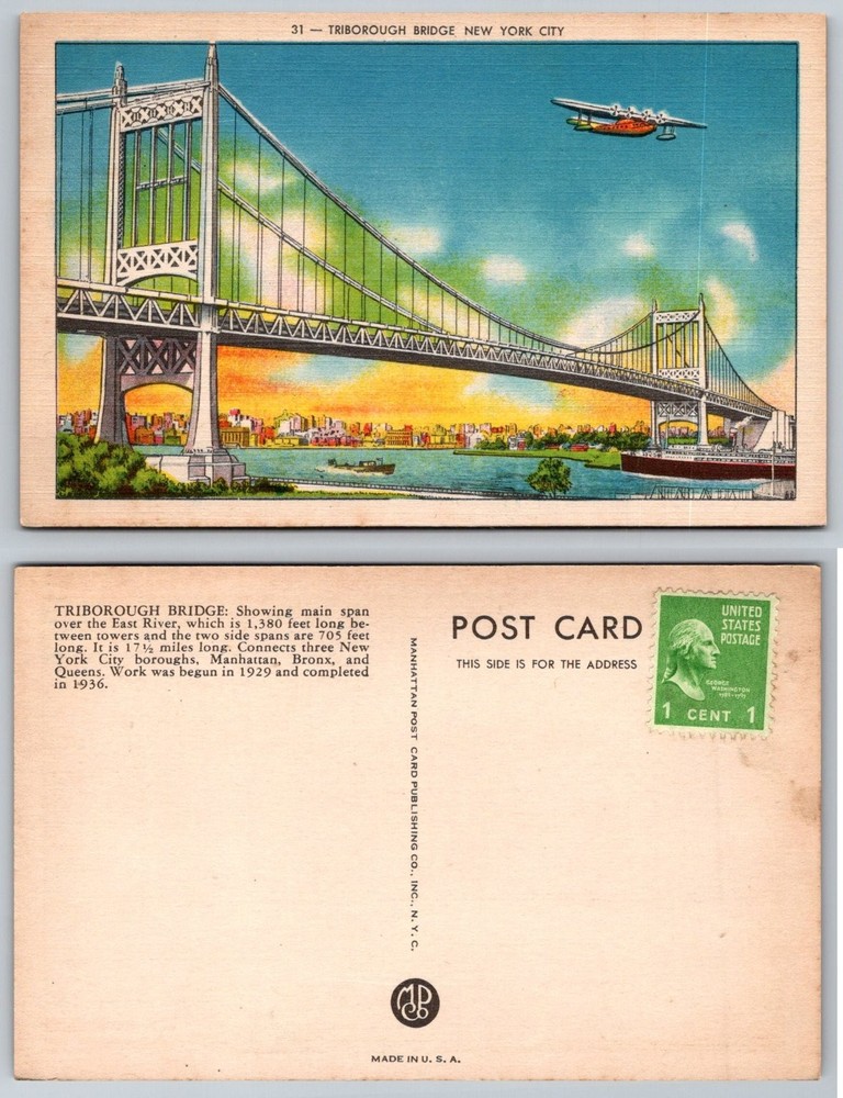 Vintage Triborough Bridge NYC Seaplane Linen Postcard 1930s New York City View