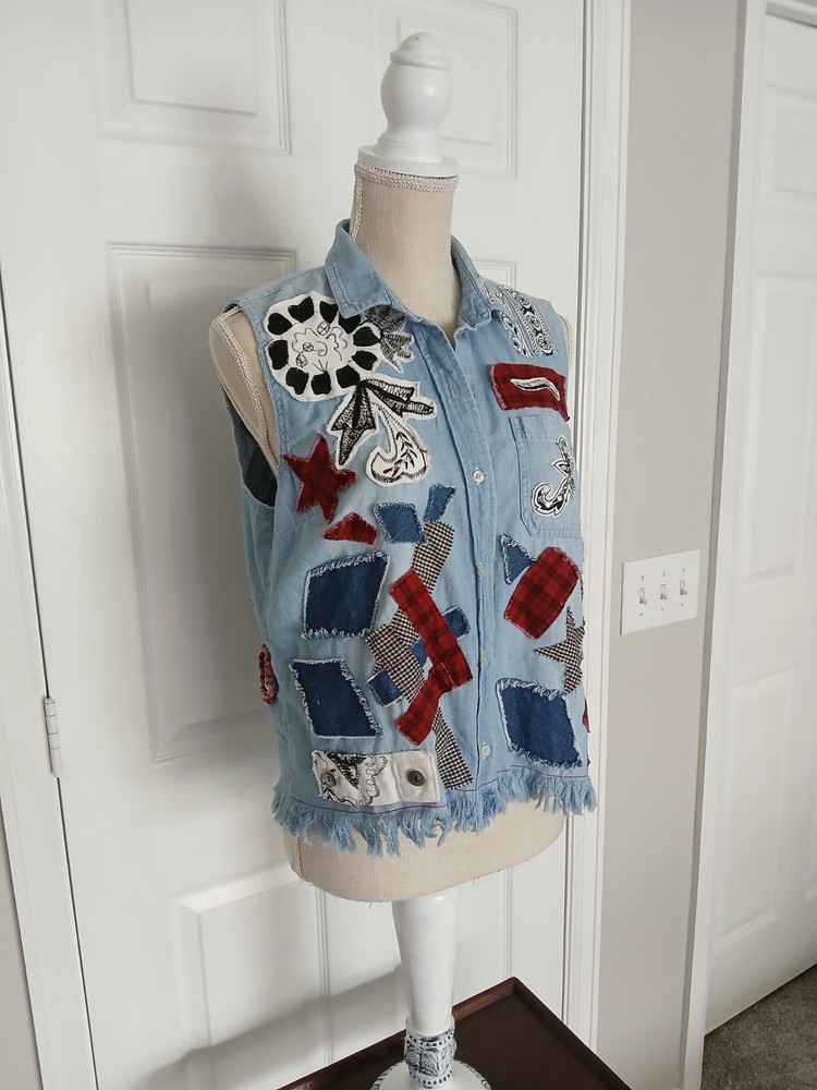 Upcycled Denim Vest M Sleeveless Shirt Western Glam Prairie Boho Artsy Festival