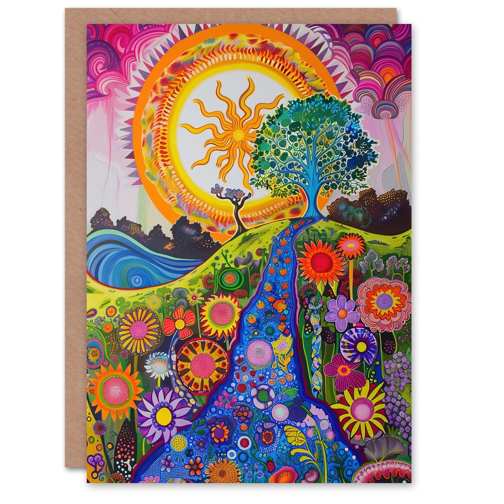 Bright Colourful Hippy Artwork Flowers Sun Trees Greeting Card Birthday Him Her