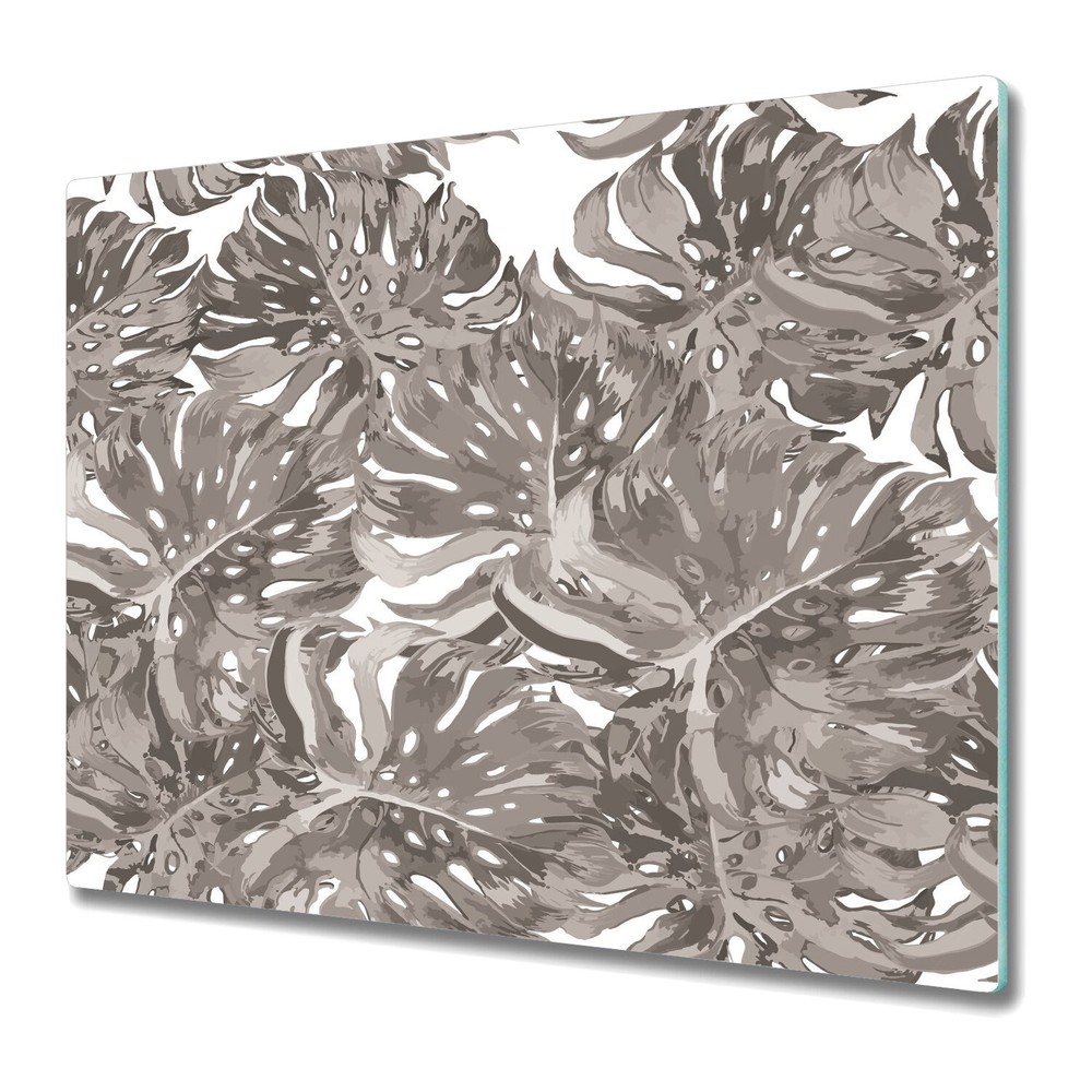 Glass Kitchen Chopping Board Worktop Saver Grey Palm Leaf Modern 60x52