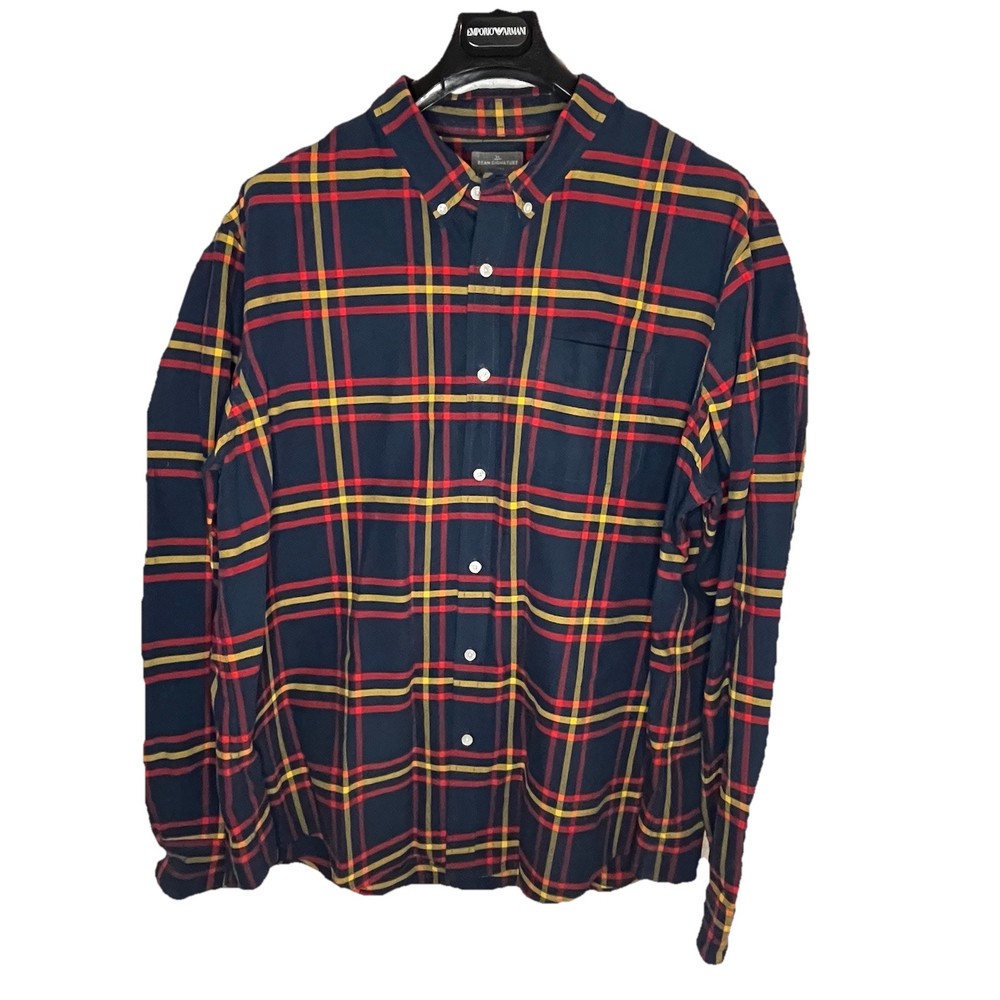 LL Bean Shirt Mens 2XL Slim Fit Red Blue Plaid Flannel Signature Button Up