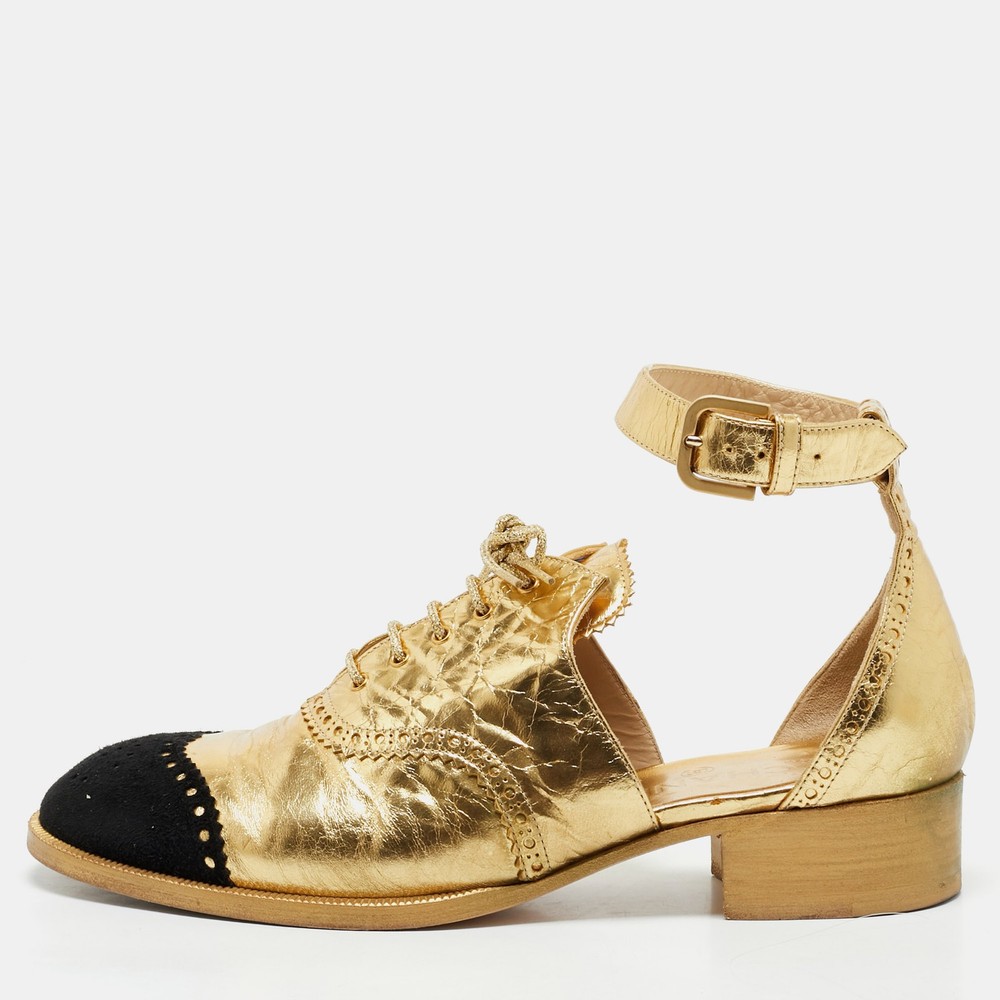 Chanel Black and Gold Leather Suede CC Ankle Strap Sandals Size 38.5