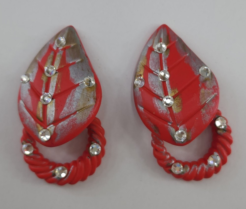 Vintage Jeff Lieb Red Leaf Clip-On Dangle Earrings