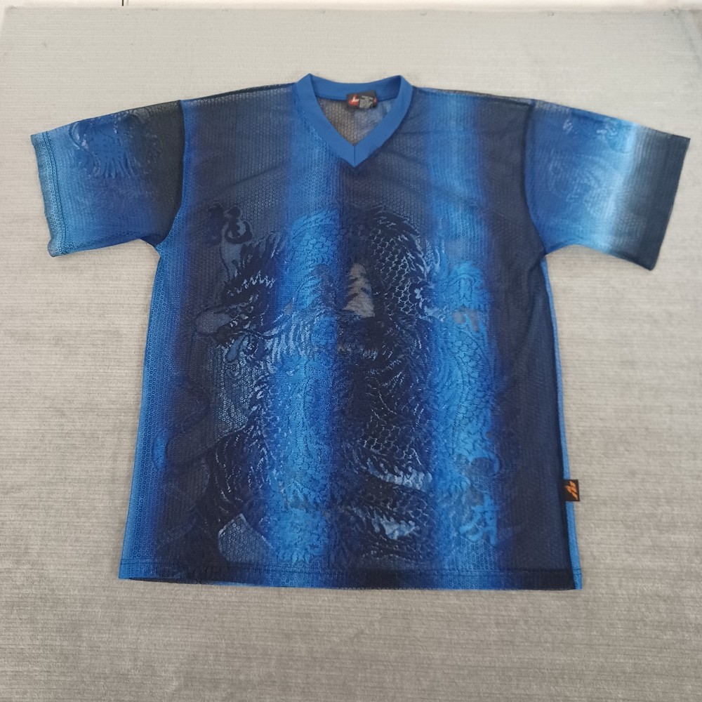 Vintage Johnny Blaze T-Shirt Mens XL Blue Mesh Dragon Tiger Asian Art V-Neck Y2K