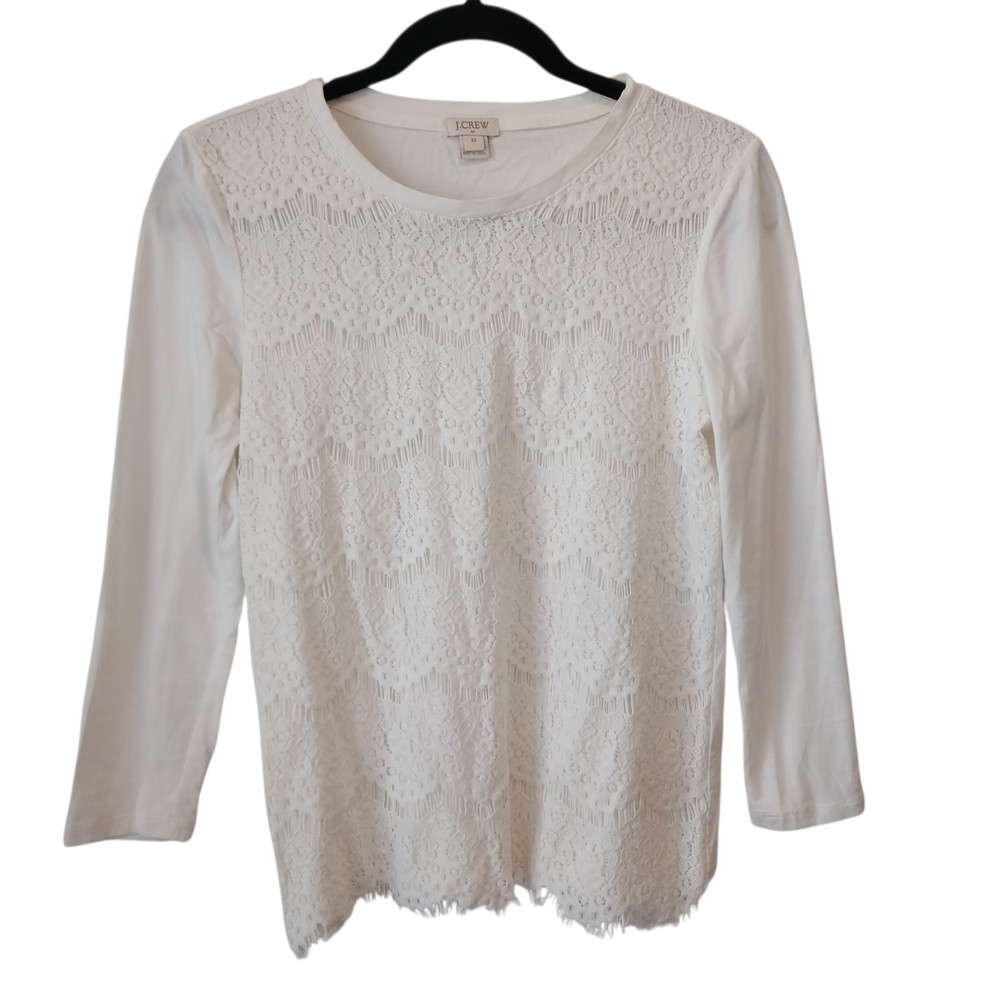 J Crew Womens T-Shirt Ivory  Lace Floral Long Sleeve Scoop Neck Stretch Size XS