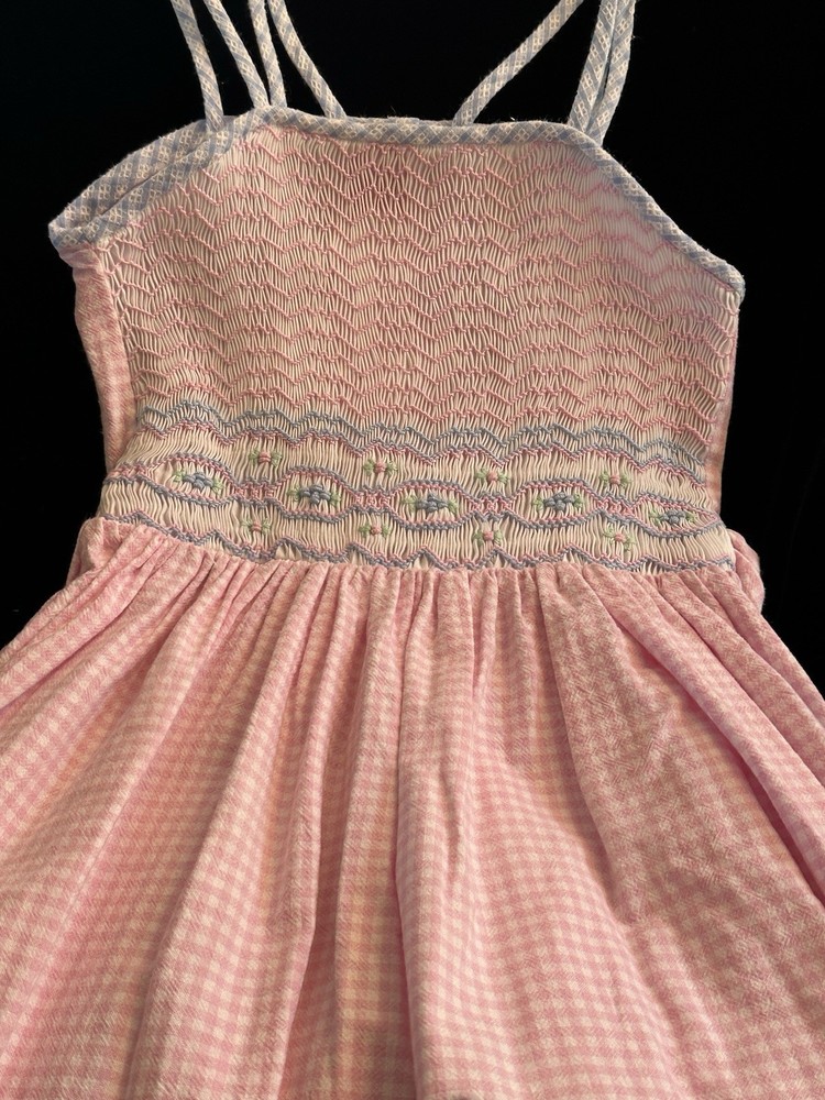 Girls Sz 6 SMOCKED Pink Gingham Dress Floral Embroidery EUC