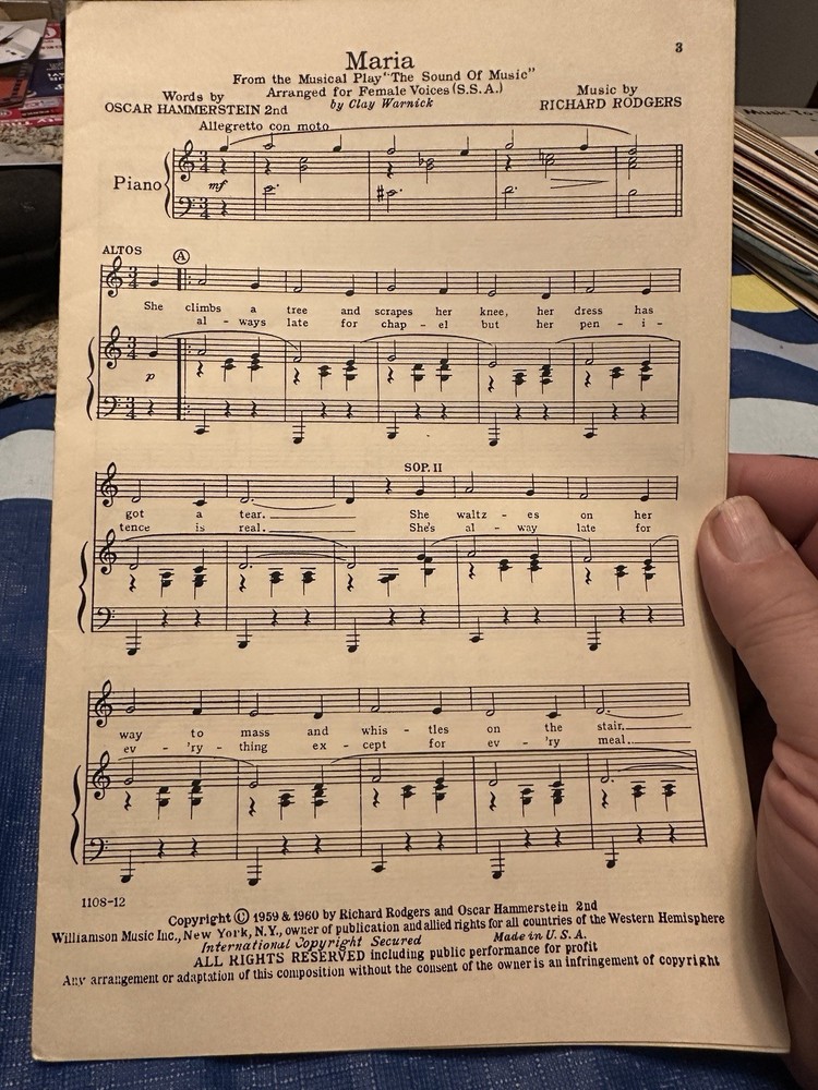 1960 Julie Andrews Choral 6x9 Sheet Music THE SOUND OF MUSIC ‘Maria’ SSA