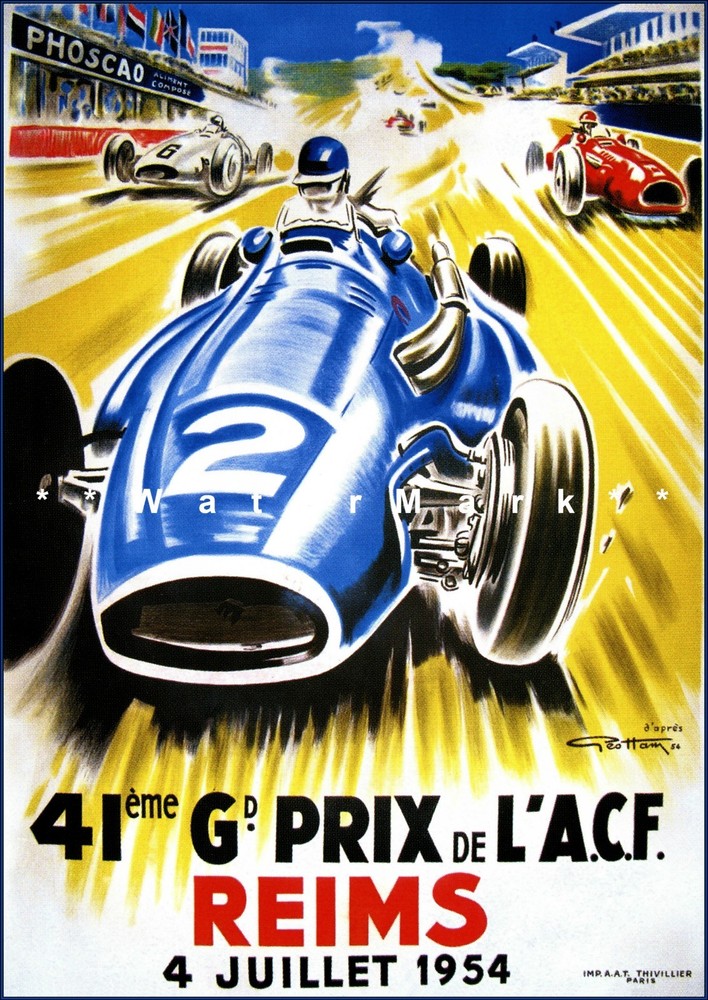 Grand Prix Car Racing 1954 Reims France Vintage Poster Print Retro Style Art