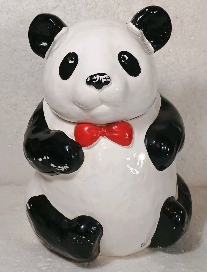 VTG Ceramic Panda Bear Cookie Jar w/ Red Bow Tie Fred Myer 1986 Has Flaws 11