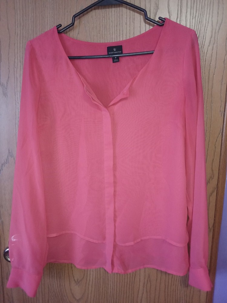 Worthington Button Up Sheer Blouse Women Size Medium Pink Long Sleeves tiered