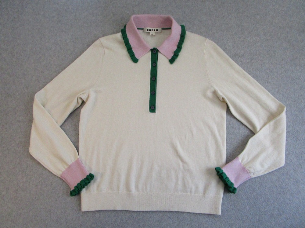 Boden Knit Polo Shirt Womens Medium M Cream Pink Green Ruffle Collar Sweater