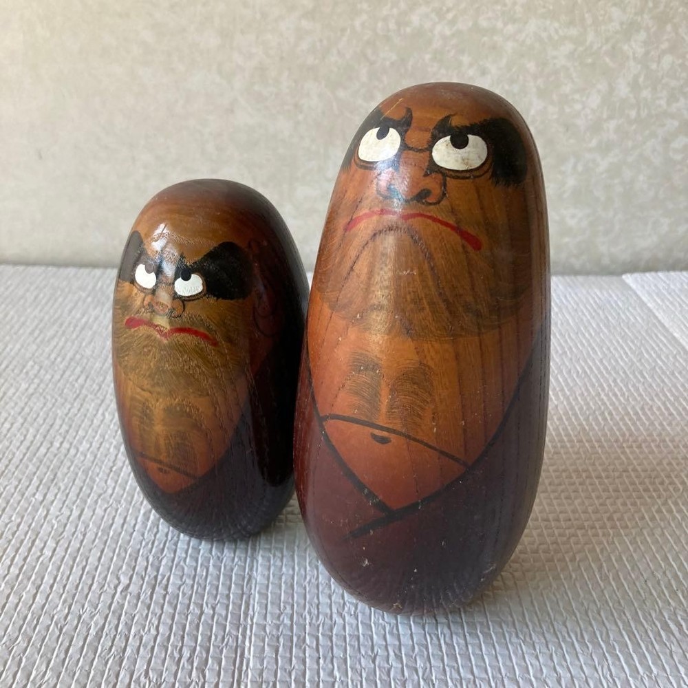 Daruma Daishi Kokeshi Set of 2 Wooden Folk Art Japanese Lucky Charms