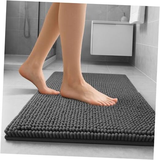 Soft Grey Chenille Bath Rug 15x23 with Non-Slip PVC Backing