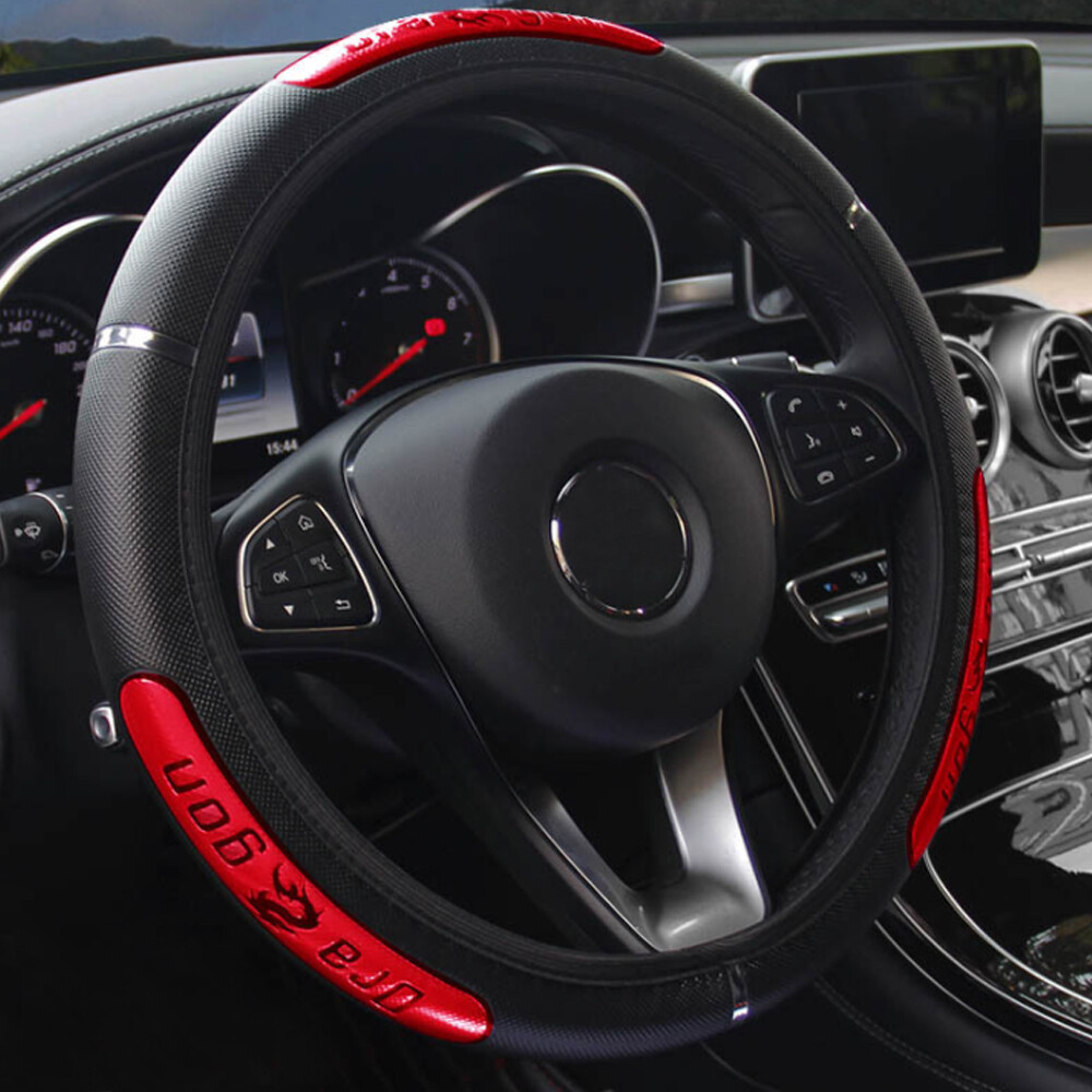 15''/38cm Car Steering Wheel Cover PU Leather Anti-slip Protective Black & Red