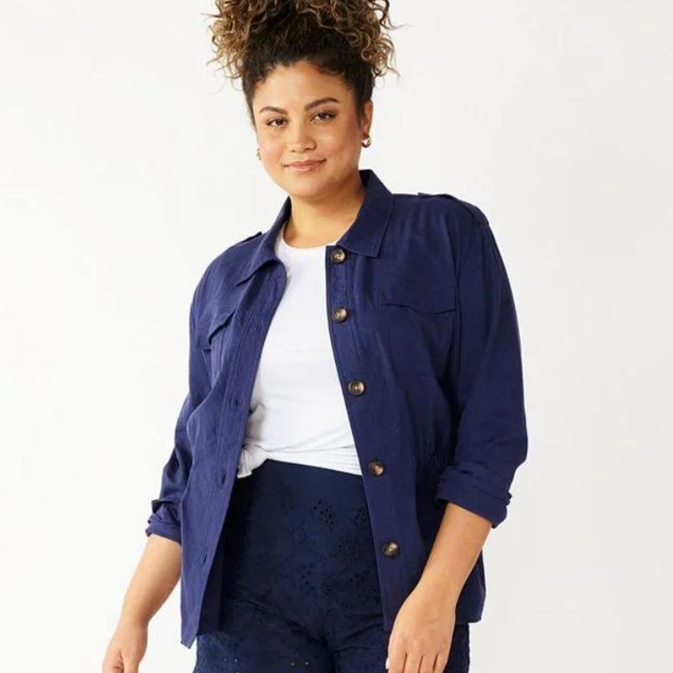Draper James RSVP Linen Blend Utility Jacket Womens M Navy Blue Button Front