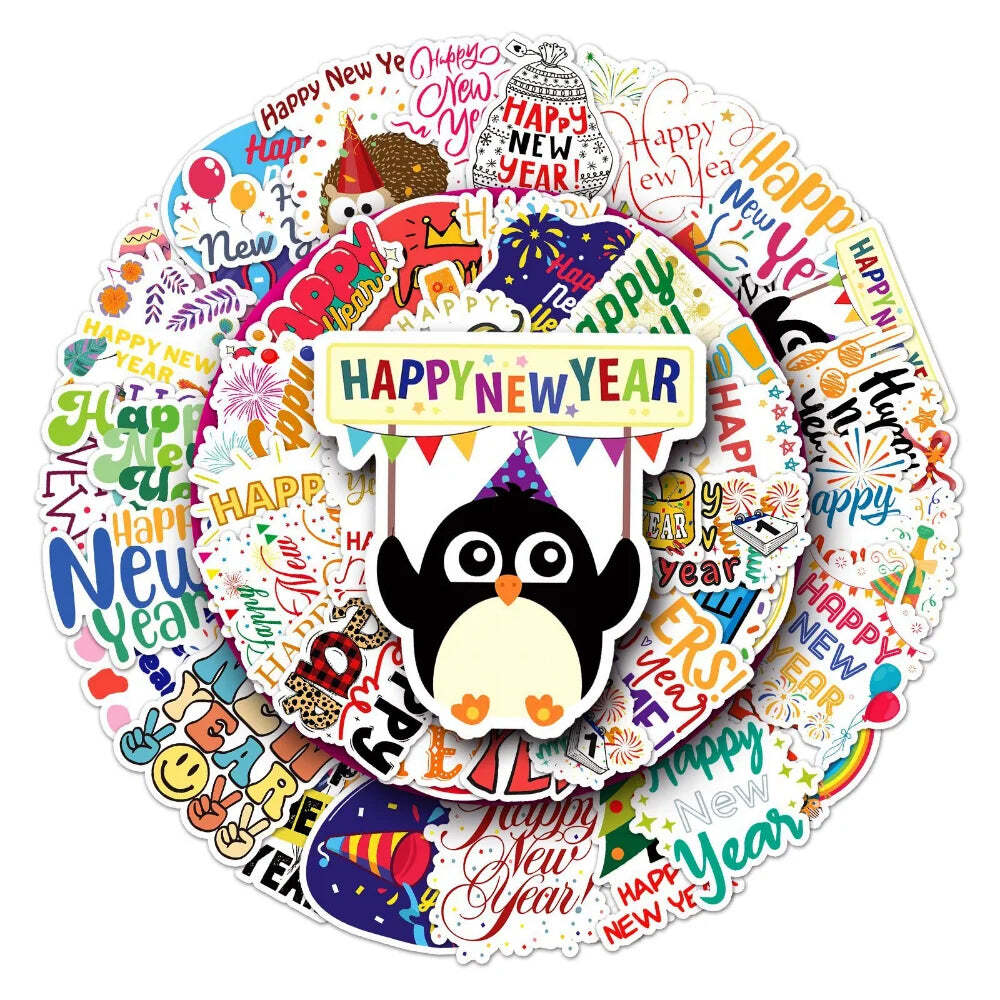 50PCS Cute Happy New Year Stickers DIY Scrapbook Diary Stationery Luggage Decora