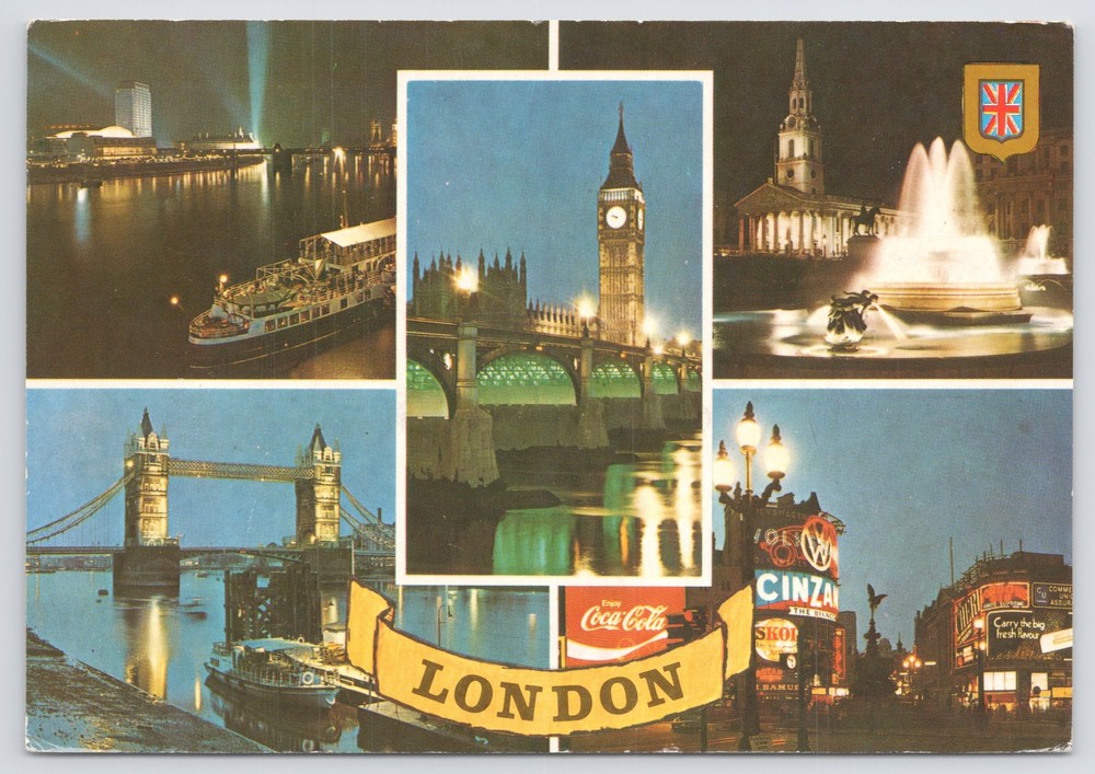 Greetings From London~Big Been~River Thames~Tower Bridge~Continental Postcard