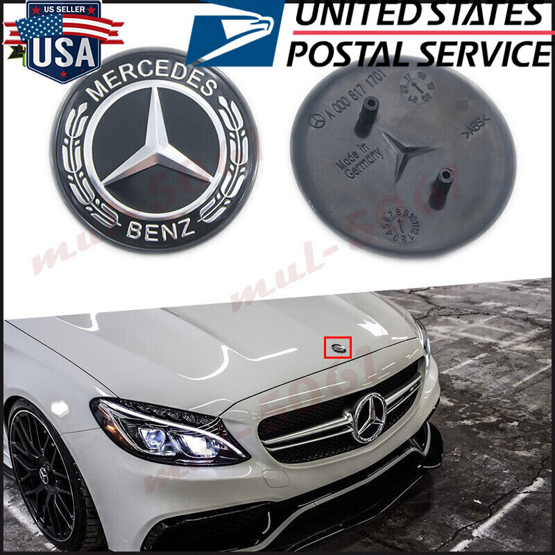 AMG Black 2-Pin Flat Hood Emblem Laurel Wreath Badge for Mercedes GLC GLE GLS ML GLK