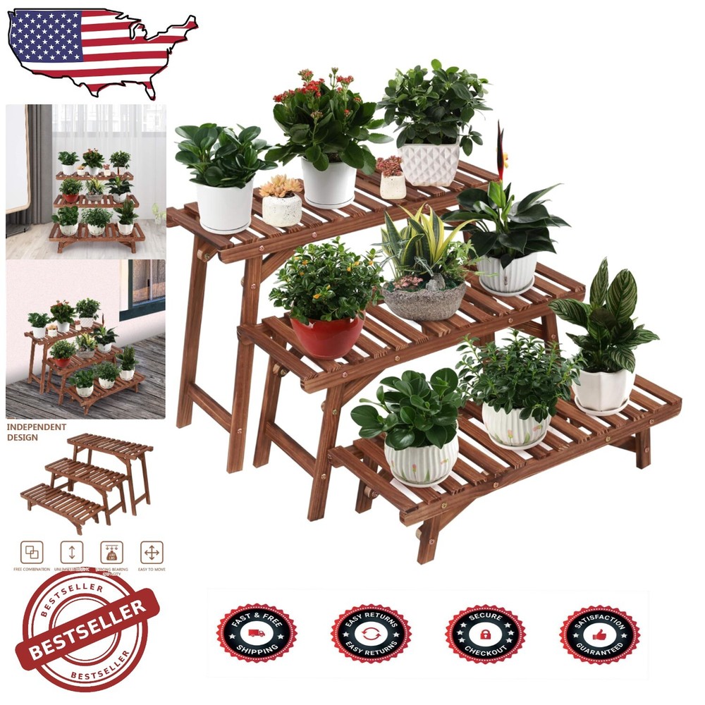 Freestanding Lightweight 3-Tier Plant Organizer - Natural Pine Wood Shelf