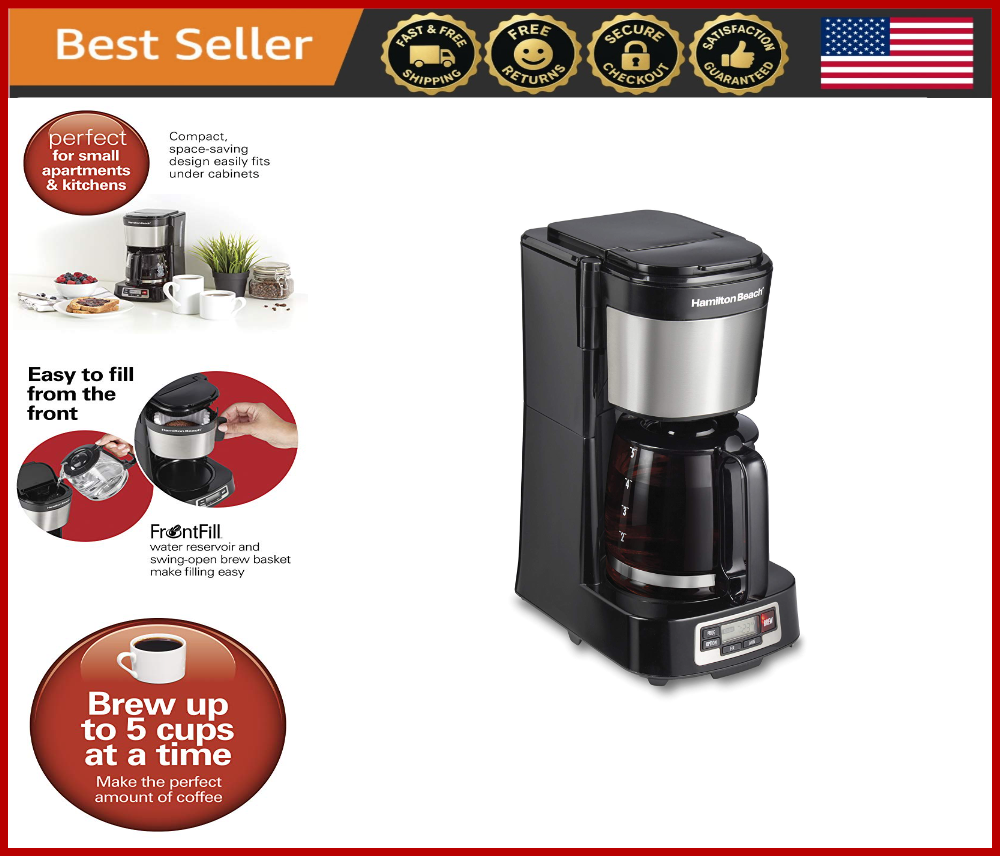 Compact 5-Cup Programmable Drip Coffee Maker with Auto Pause and Glass Carafe