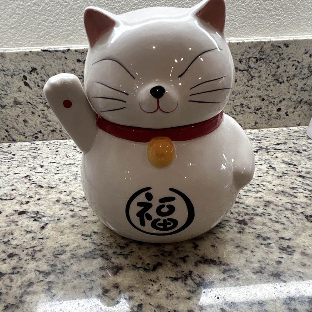 Maneki Neko Ceramic Cat Cookie Jar White Red Gold Lift-Off Lid Animal Theme