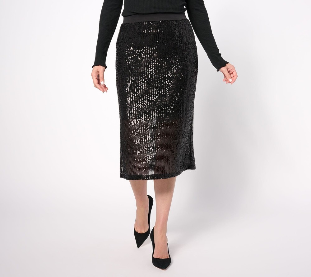 Susan Graver Women's Plus Sz Skirt 1X Occasions Reg Sequin Midi Black A623511