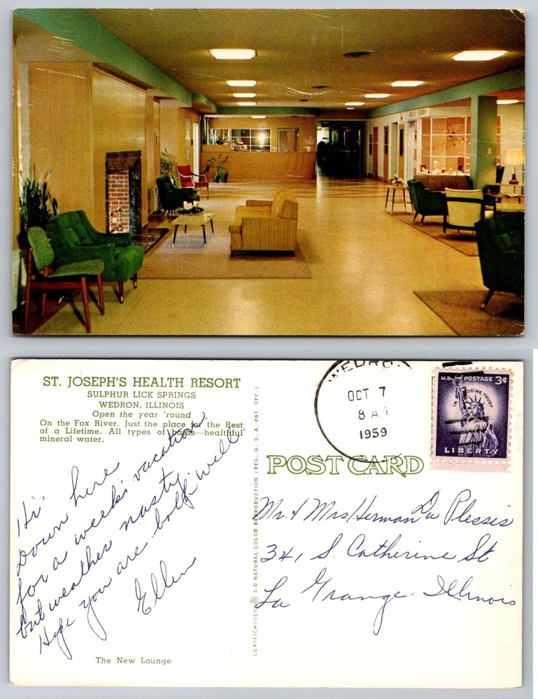 1959 St. Joseph's Health Resort Lounge Wedron Illinois Vintage Postcard Chrome