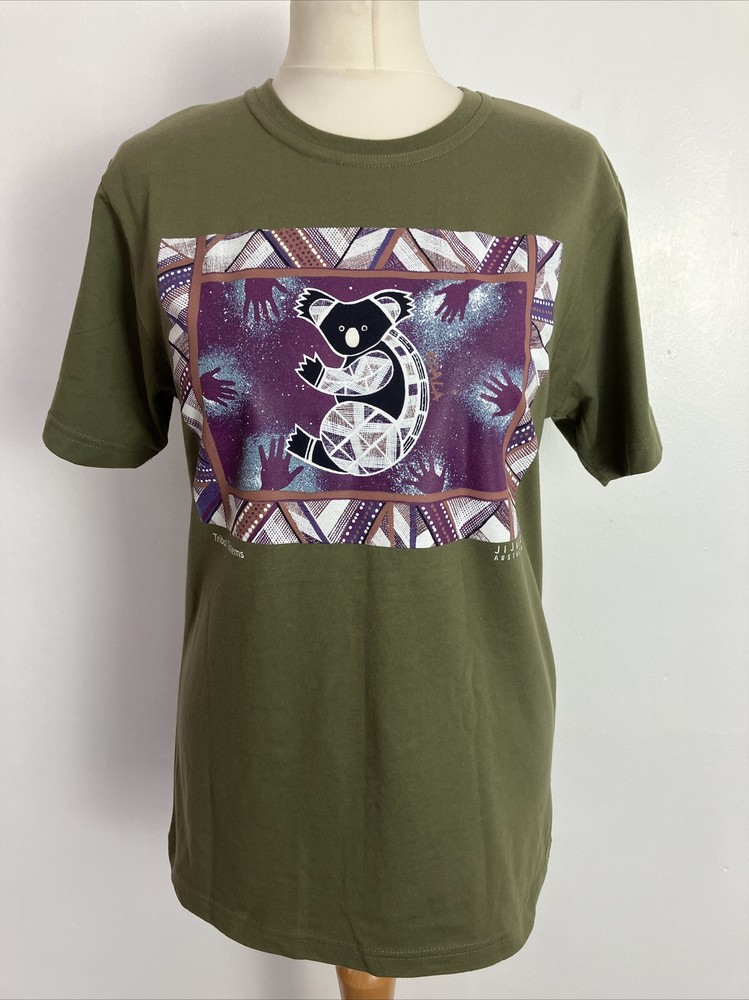 BNWT Jijaka Australia Koala Abstract Art Graphic Khaki T-Shirt  Size S  (UK 10)-image